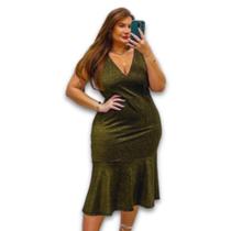 Vestido Midi Regata com Zíper nas Costas Lurex Foil Babado Forrado Plus Size