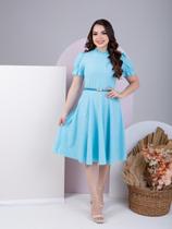 Vestido Midi Rodado Godê com cinto de perolas manga curta e gola alta