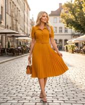 Vestido Midi Rodado Godê Evangélico Plissado Modelador Modesto com Cinto Feminino Prinçesa Cor:Amarelo mostardaTamanho: