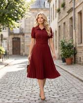 Vestido Midi Rodado Godê Evangélico Plissado Modelador Modesto com Cinto Feminino Prinçesa Cor:MarsalaTamanho:P