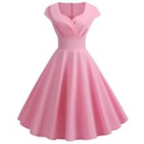 Vestido Midi Rosa Vintage - Decote V - Estilo Elegante Retrô para Festa e Escritório