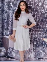 Vestido Midi Saia Plisada com Cinto Manga Longa em Tule Festa Noiva Vestido Midi Saia Plisada com Cinto Manga Longa em Tule Festa Noiva