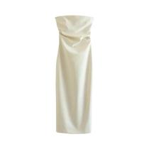 Vestido Midi Sem Alças Para Mulheres, Verão, off White E Preto, Com Babados, Costas Descobertas, Vestido Midi Sem Alças Para Mulheres, Verão, off White E Preto, Com Babados, Costas Descobertas,