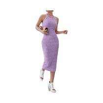 Vestido Midi Sem Mangas De Malha Canellada Com Decote Halter Para Mulheres, Vestido Bodycon De