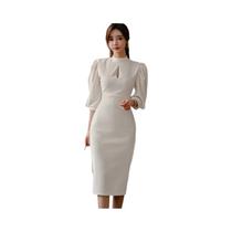 Vestido Midi Slim Bodycon Com Gola Alta E Mangas Bufantes Para Mulheres, Vestidos Casuais Em Cores