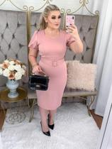 Vestido Midi Social com Cinto Evangélico Manga Curta Bufante Vestido Midi Social com Cinto Evangélico Manga Curta Bufante