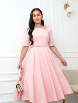 Vestido Midi Social Elegante Decote Quadrado Assimétrico de Festa Convidada