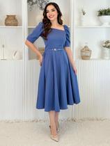 Vestido Midi Social Elegante Decote Quadrado Assimétrico de Festa Convidada