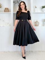 Vestido Midi Social Elegante Decote Quadrado Assimétrico de Festa Convidada