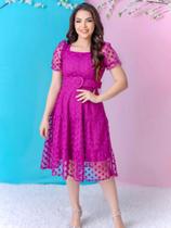 Vestido Midi Social Elegante Decote Quadrado Romantico Manga Princesa