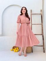 Vestido Midi Social Soltinho para Trabalho Feminino Festa Básico Convidada com Botão