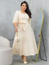 Vestido Midi Soltinho Manga 3/4 Elegante Social Moda Evangélica