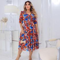 Vestido Midi Transpassado Terra Prometida Laranja Floral Cor:LaranjaTamanho:P