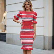 Vestido Midi Tricot Babado Manga Curta Vestido Midi Tricot Babado Manga Curta