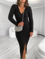 Vestido Midi Tricot Canelado Manga Longa