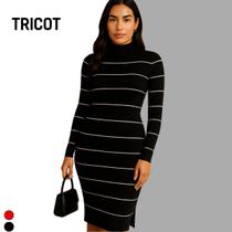 Vestido Midi Tricot Listrado Manga Longa Gola Cacharrel