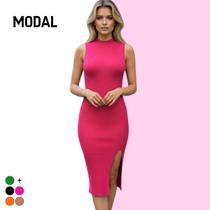 Vestido Midi Tricot Premium Feminino Modal Fenda Lateral