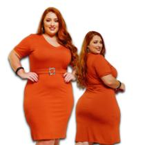 Vestido Midi Tubinho com Cinto Tecido Malha Decote Gola V Plus Size