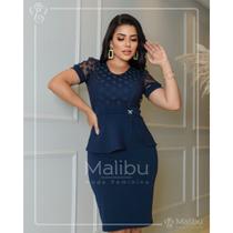 Vestido Midi Tubinho Peplum com Tule Poá - Anabely