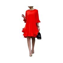 Vestido Midi Vermelho Para Mulheres Elegante Para Festa Estilo Falbala Manga Curta Cor Sólida Casual Vestido Midi Vermelho Para Mulheres Elegante Para Festa Estilo Falbala Manga Curta Cor Sólida Casual