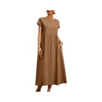 Vestido Midi Vintage De Algodão E Linho Oversized Para Mulheres, Casual, Manga Curta, Vestido Maxi