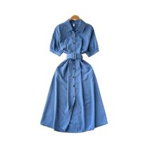 Vestido Midi Vintage De Verão Com Manga Curta E Cintura Alta Em Verde, Azul E Vermelho Com Gola