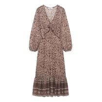 Vestido Midi Vintage Feminino Com Decote Em V, Laço, Babados, Mangas Longas Plissadas, Moda Chique