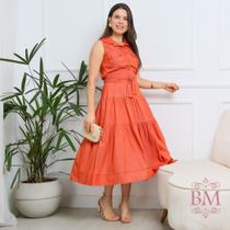Vestido Midi, Viscojeans, Terracota, Sem Manga, Bolsos, Botões Funcionais, Cinto Faixa, Rosarrara BM1266T Vestido Midi, Viscojeans, Terracota, Sem Manga, Bolsos, Botões Funcionais, Cinto Faixa, Rosarrara BM1266T