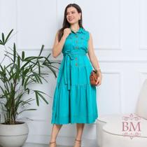 Vestido Midi, Viscojeans, Verde, Sem Manga, Bolsos, Botões Funcionais, Cinto Faixa, Rosarrara BM1266V