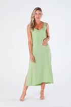 Vestido Midi Viscolinho Bordado - Alças com Prega e Fendas Laterais Verde Marta Vestido Midi Viscolinho Bordado - Alças com Prega e Fendas Laterais Verde Marta