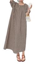 Vestido midi xadrez de algodão chouyatou com mangas bufantes, cor café