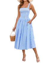 Vestido midi XinFsh feminino de verão 2025 azul xadrez com bolsos