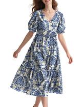 Vestido midi YESNO, floral de verão, decote em V, manga folhada, 2GG para mulheres