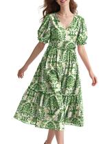 Vestido midi YESNO, floral de verão, decote em V, manga folhada, 2GG para mulheres