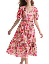 Vestido midi YESNO, floral de verão, decote em V, manga folhada, 2GG para mulheres