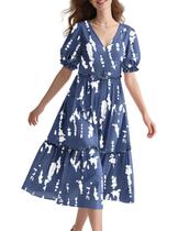 Vestido midi YESNO, floral de verão, decote em V, manga folhada, 3GG para mulheres