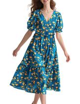 Vestido midi YESNO, floral de verão, decote em V, manga folhada para mulheres