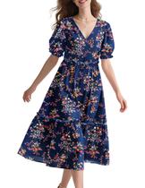 Vestido midi YESNO, floral de verão, decote em V, manga folhada para mulheres