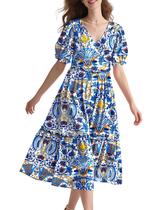 Vestido midi YESNO, floral de verão, decote em V, manga folhada para mulheres