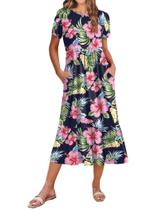 Vestido midi Zeagoo casual solto com bolsos de manga curta rosa