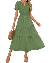 Vestido midi ZESICA 2025, casual de verão, manga curta, decote em V Vestido midi ZESICA 2025, casual de verão, manga curta, decote em V