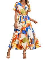 Vestido midi ZESICA 2025 floral de verão com decote em V com cinto para mulheres Vestido midi ZESICA 2025 floral de verão com decote em V com cinto para mulheres