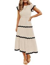 Vestido Midi ZESICA com Mangas Curtas Evasê e Detalhe Franzido na Cor Damasco