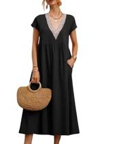 Vestido midi Zhyaj, gola redonda, manga curta, casual, algodão, feminino Vestido midi Zhyaj, gola redonda, manga curta, casual, algodão, feminino