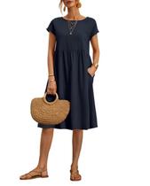Vestido midi Zhyaj, túnica solta, praia de verão com bolsos de algodão Vestido midi Zhyaj, túnica solta, praia de verão com bolsos de algodão