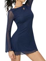 Vestido Milumia Boat Neck Mesh, manga comprida, manga de sino, mini azul profundo