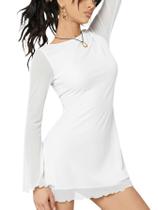 Vestido Milumia Boat Neck Mesh, manga comprida, manga de sino, mini, branco