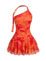 Vestido Milumia Floral Mesh Ruched Halter Mini Orange para mulheres Vestido Milumia Floral Mesh Ruched Halter Mini Orange para mulheres