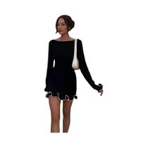 Vestido Mini Bodycon Elegante Com Decote O, Manga Longa, Ruffles E Patchwork Para Festas, Clubes E