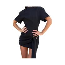 Vestido Mini Bodycon Elegante Com Decote Redondo, Manga Curta, Detalhe Em Renda E Botão Metálico,